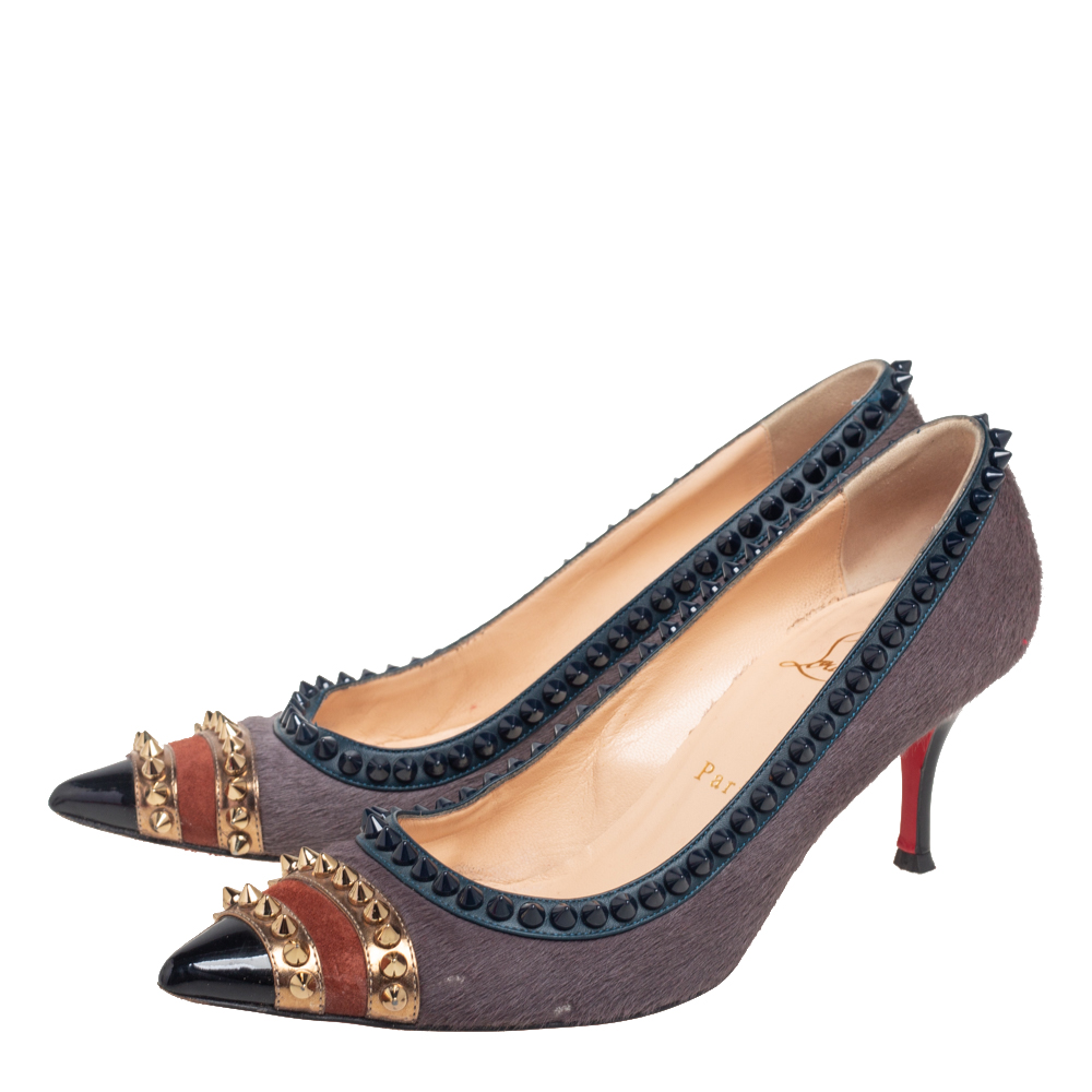 Christian Louboutin Multicolor Pony Hair And Leather Malabar Hill Spiked Pointed Toe Pumps Size 37.5