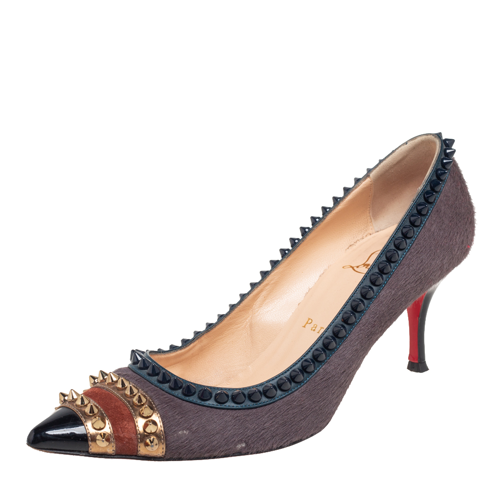 Christian Louboutin Multicolor Pony Hair And Leather Malabar Hill Spiked Pointed Toe Pumps Size 37.5