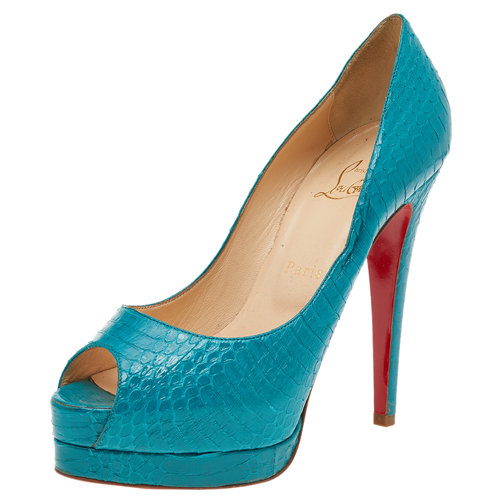 Christian louboutin turquoise blue python leather peep toe platform pumps size 38