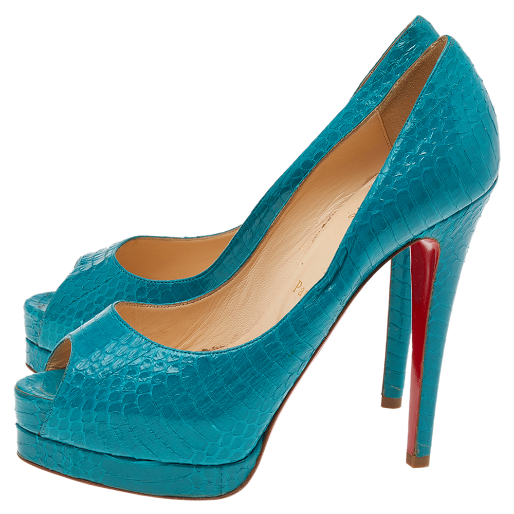 Christian Louboutin Turquoise Blue Python Leather Peep Toe Platform Pumps Size 38