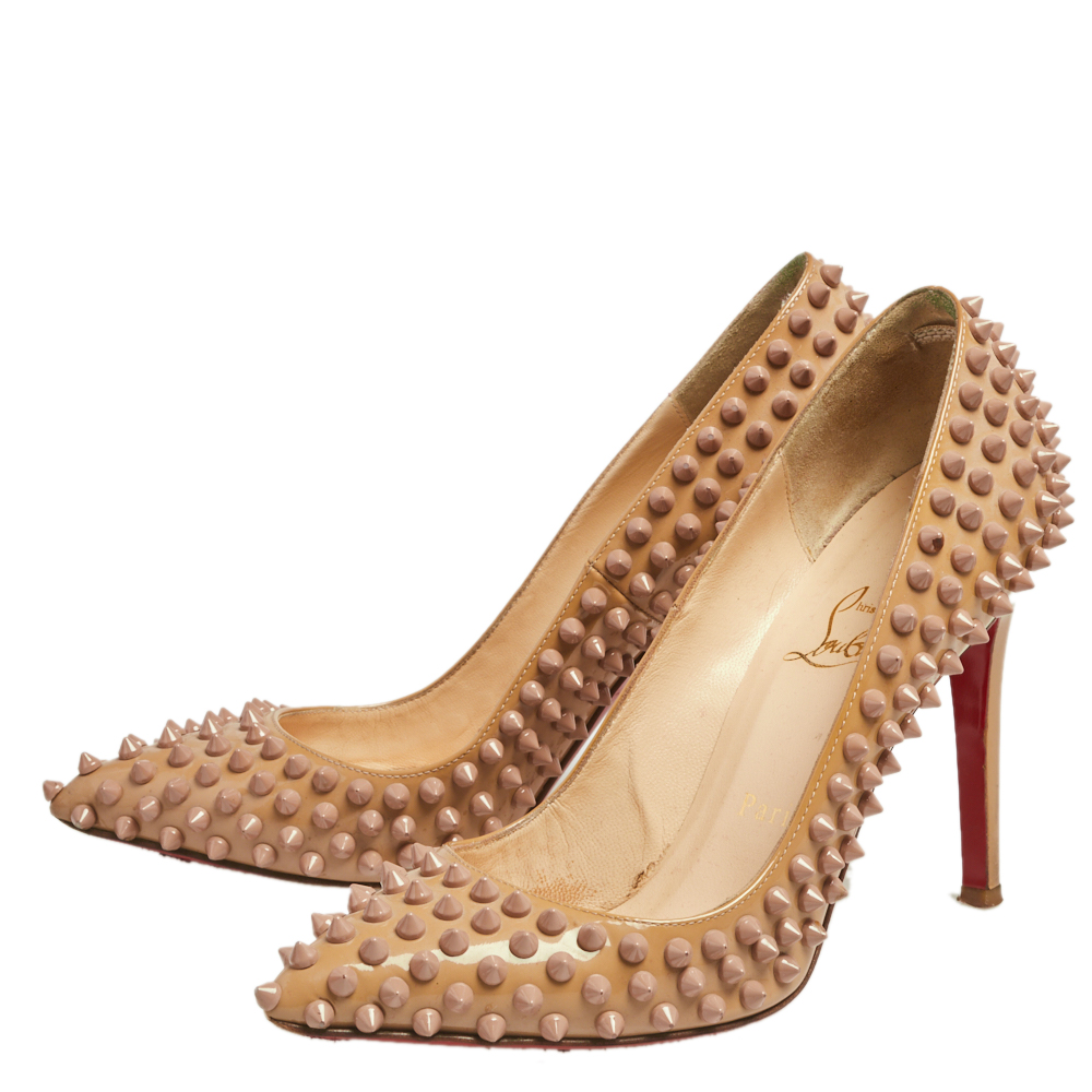 Christian Louboutin Beige Patent Leather Pigalle Spikes Pointed Toe Pumps Size 38