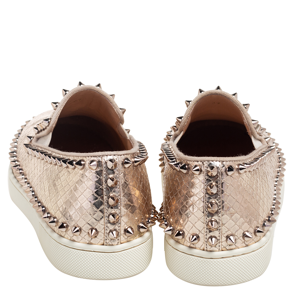 Christian Louboutin Gold Python Embossd  Leather Spike Slip On Sneakers Size 37