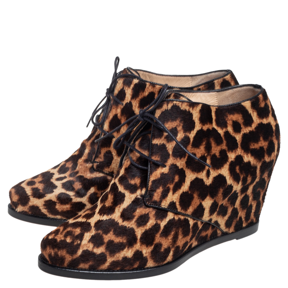 Christian Louboutin Brown Leopard Print Calf Hair Lady Schuss Wedge Ankle Boots Size 38