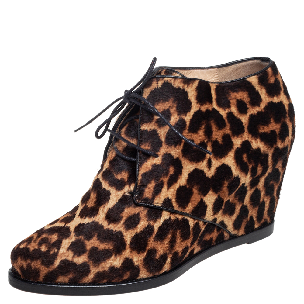 Christian Louboutin Brown Leopard Print Calf Hair Lady Schuss Wedge Ankle Boots Size 38