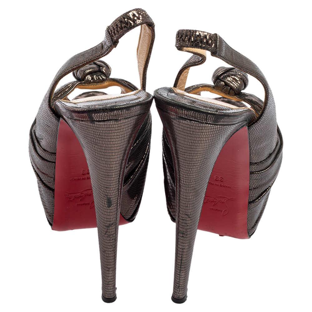 Christian Louboutin Metallic Bronze Lizard Embossed Leather Miss Benin Knotted Platform Slingback Sandals Size 39