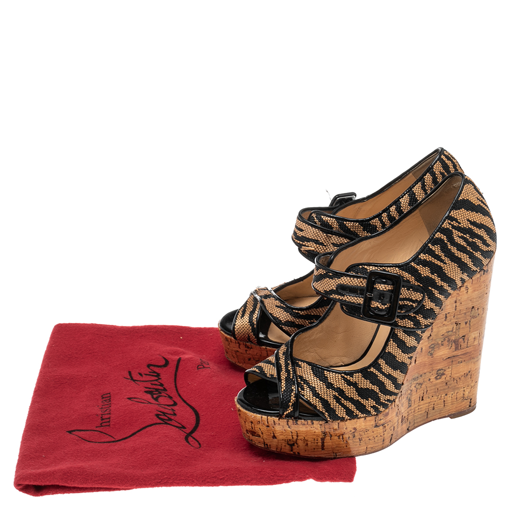 Christian Louboutin Brown Raffia Tiger Melides Wedge Sandals Size 38.5