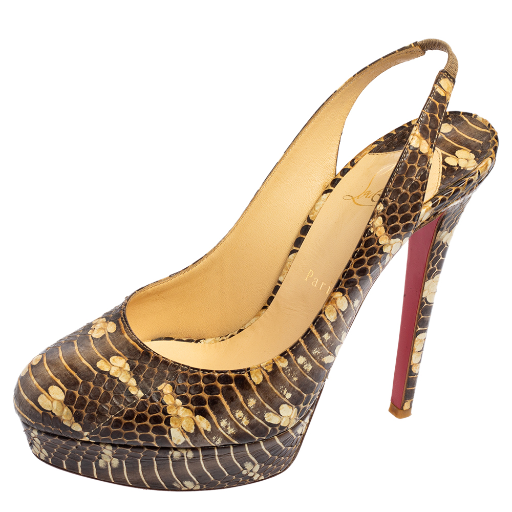 Christian louboutin brown snakeskin bianca slingback platform pumps size 40