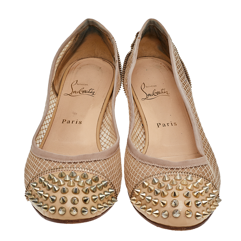 Christian Louboutin Beige Patent Leather And Mesh Spike Ballet Flats Size 40.5