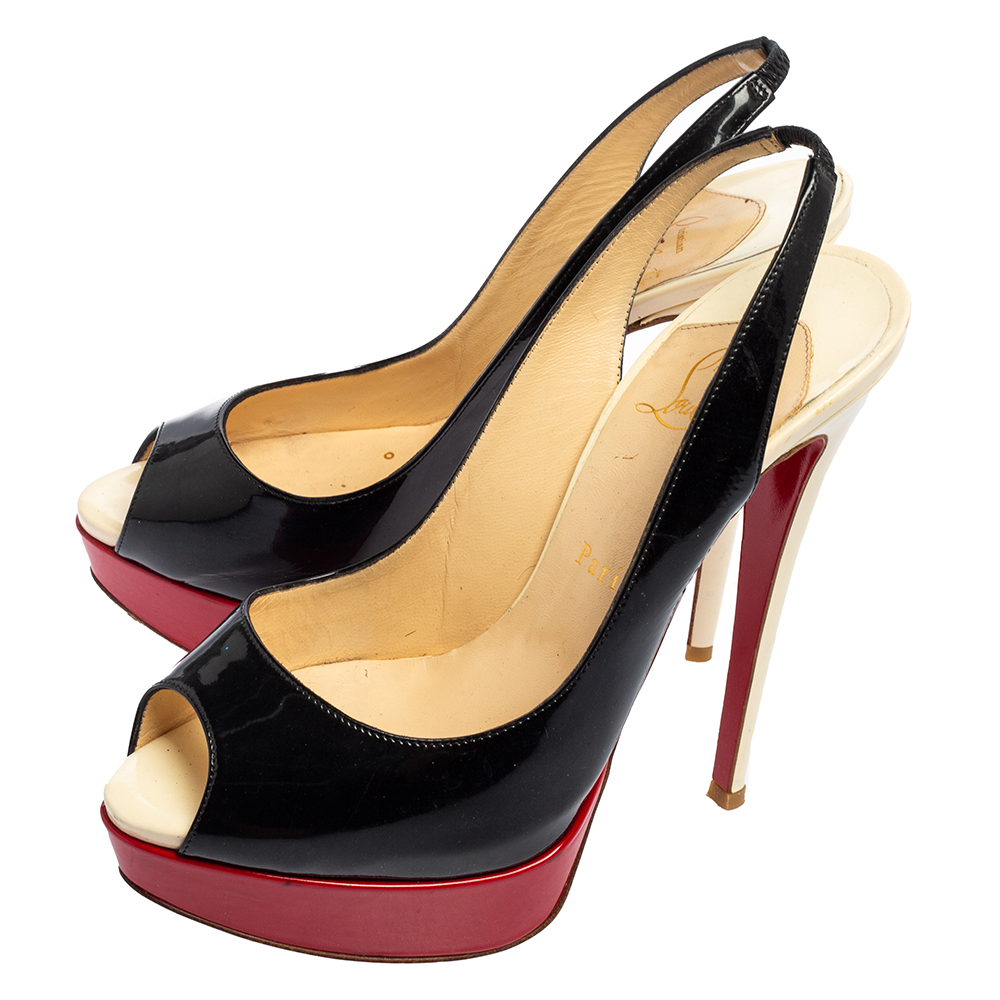 Christian Louboutin Black/Red Patent Leather Slingback Lady Peep Toe Sandals Size 38.5