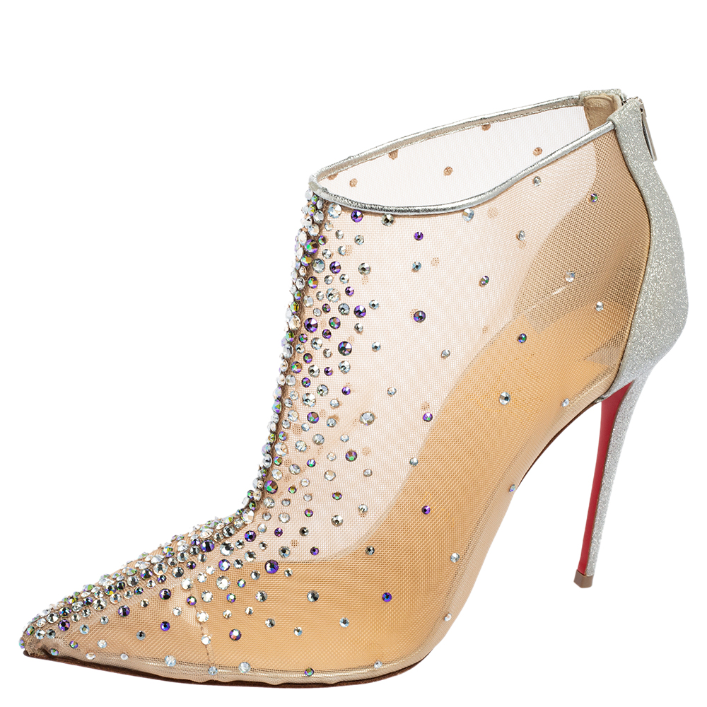 Christian Louboutin Beige Net And Glitter Embellished Pointed Toe Ankle Boots Size 39.5