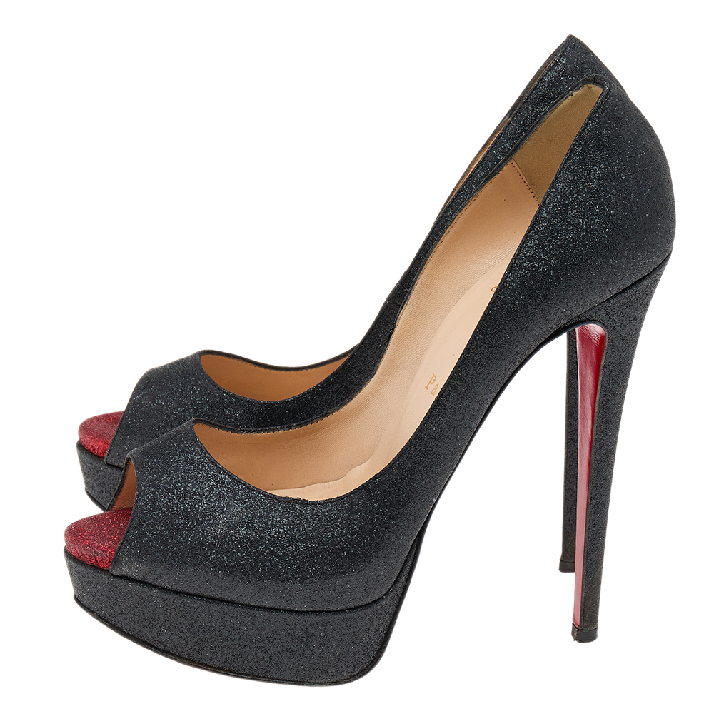 Christian Louboutin Black Shimmer Fabric New Very Prive Peep Toe Platform Pumps Size 38.5