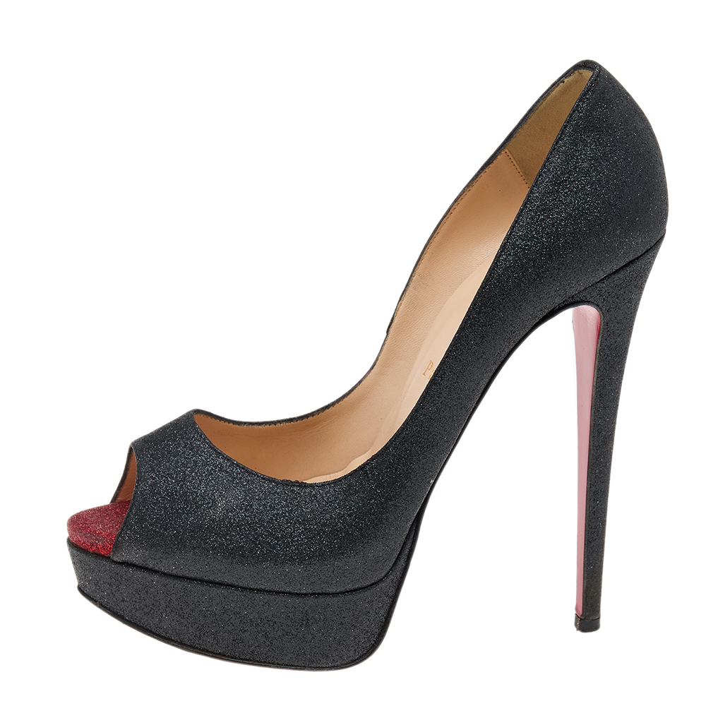 Christian Louboutin Black Shimmer Fabric New Very Prive Peep Toe Platform Pumps Size 38.5