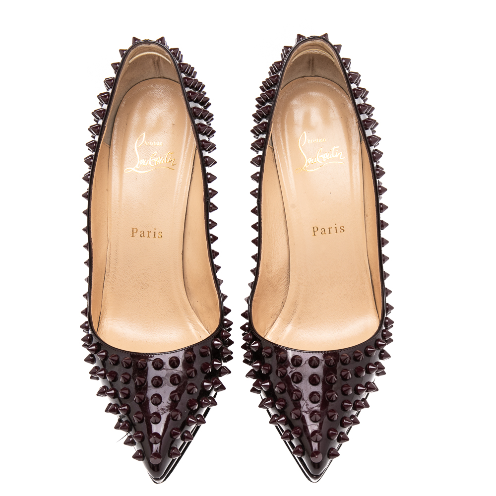 Christian Louboutin Burgundy Patent Leather Pigalle Plato Spikes Pumps Size 38.5