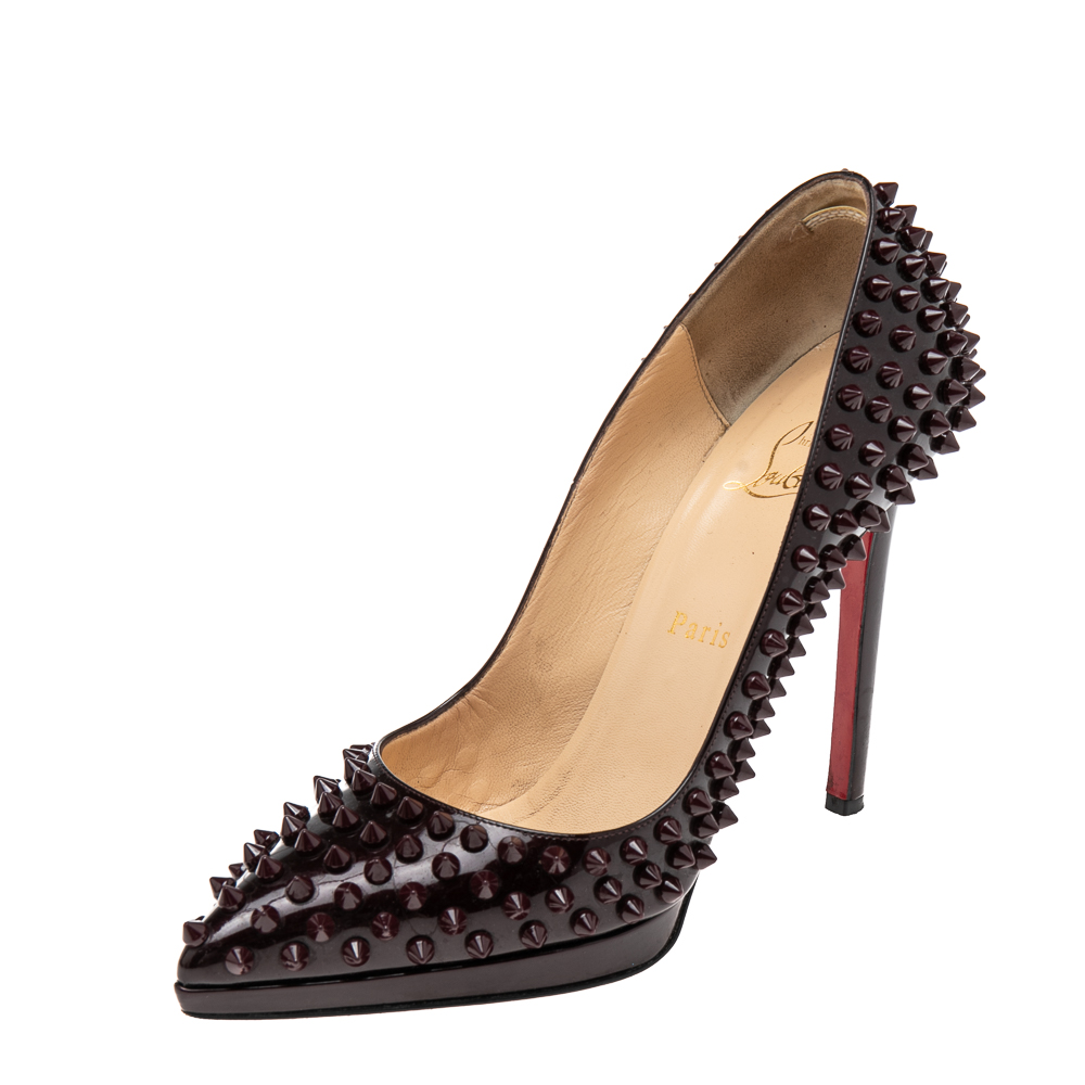 Christian louboutin burgundy patent leather pigalle plato spikes pumps size 38.5