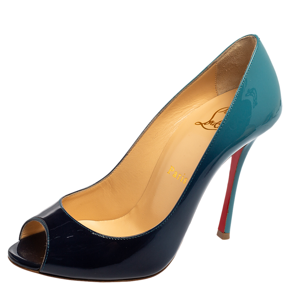 Christian Louboutin Ombre Blue Patent Leather Yootish Degrade Peep-Toe Pumps Size 36.5
