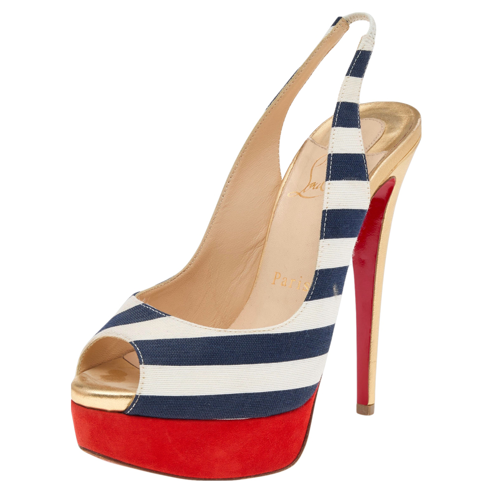 Christian Louboutin Multicolor Leather And Suede Fabric Lady Peep Slingback Pumps Size 35.5