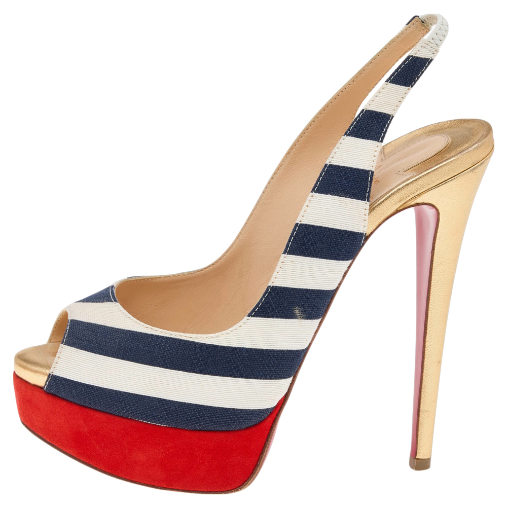 Christian Louboutin Multicolor Leather And Suede Fabric Lady Peep Slingback Pumps Size 35.5