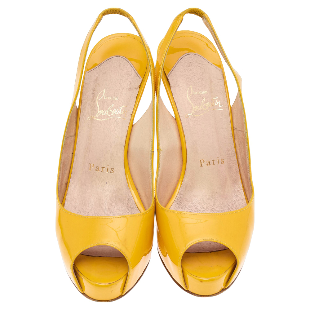 Christian Louboutin Yellow Patent Leather Peep Toe Platform Slingback Sandals Size 36
