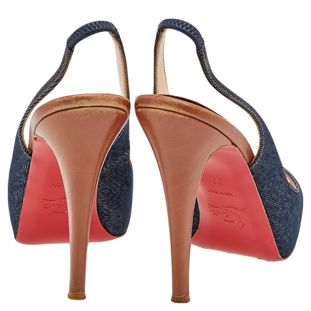 Christian Louboutin Blue Denim Fabric Lady Peep Toe Slingback Platform Sandals Size 36