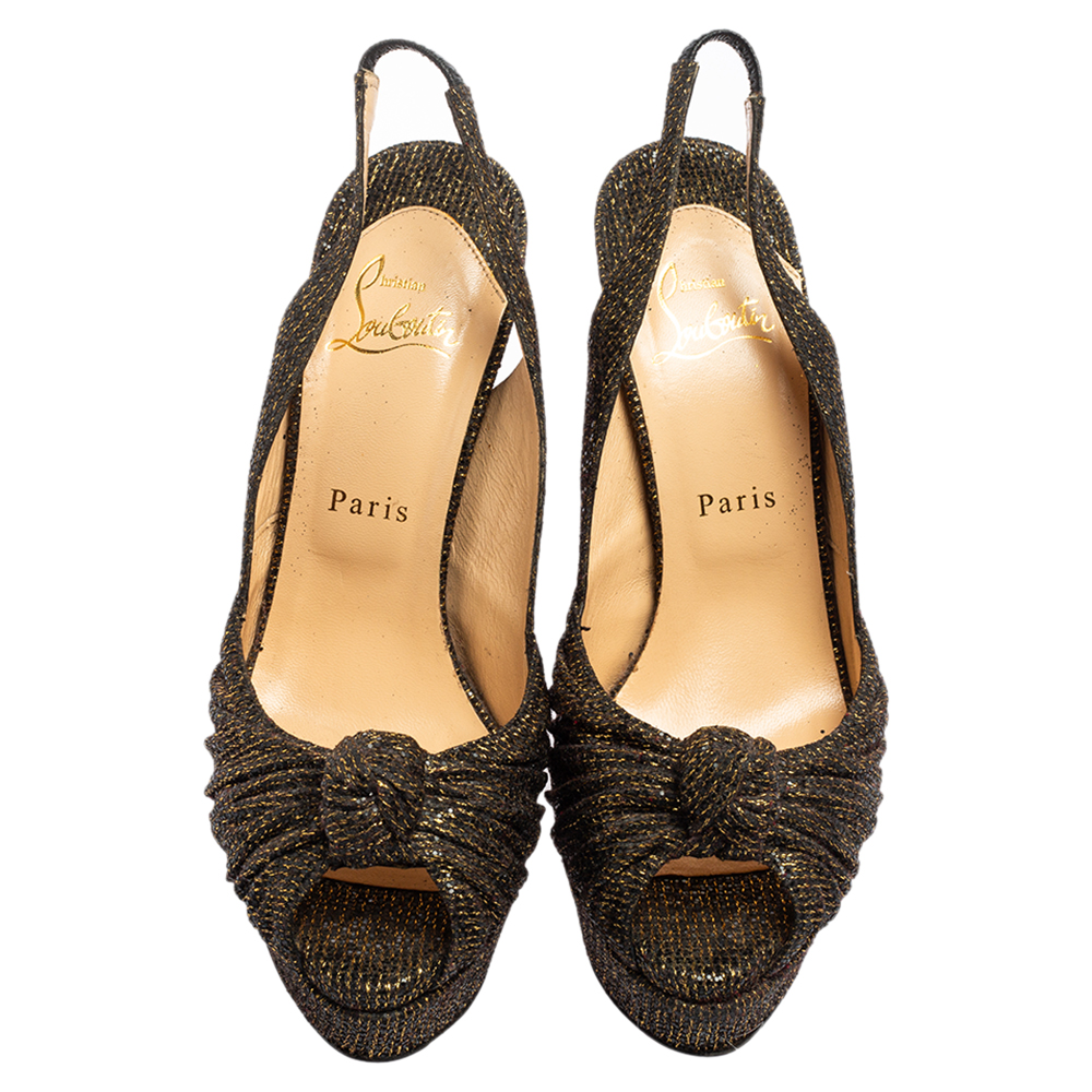 Christian Louboutin Black/Gold Glitter Fabric Jenny Knotted Slingback Platform Sandals Size 39