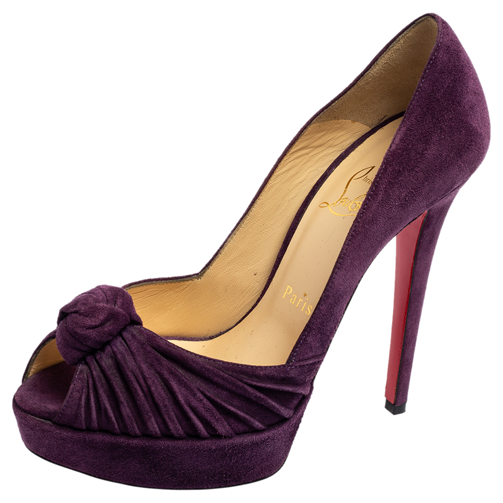 Christian louboutin purple suede knotted greissimo peep-toe platform pumps size 37