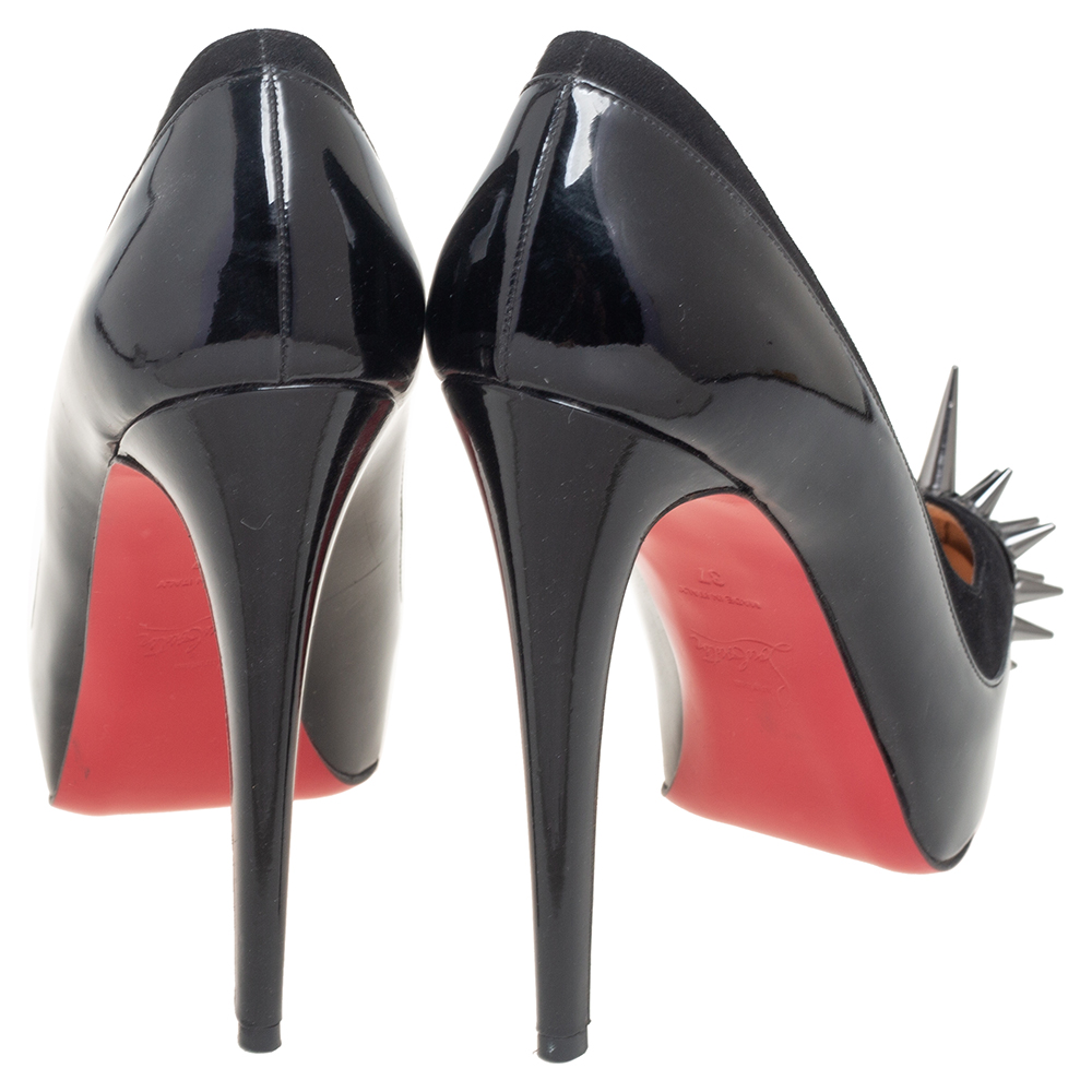 Christian Louboutin Black Patent Leather And Suede Asteroid Spikes Pumps Size 37