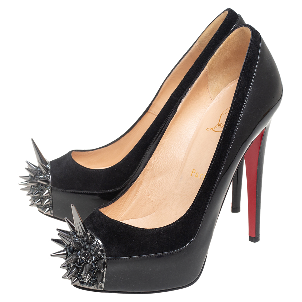 Christian Louboutin Black Patent Leather And Suede Asteroid Spikes Pumps Size 37