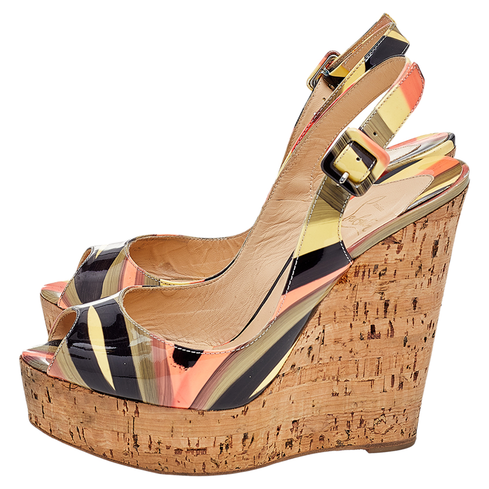 Christian Louboutin Multicolor Patent Leather Une Plume Cork Wedge Slingback Sandals Size 38