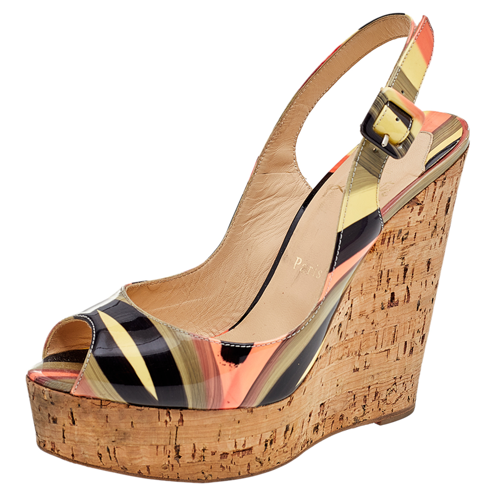 Christian louboutin multicolor patent leather une plume cork wedge slingback sandals size 38