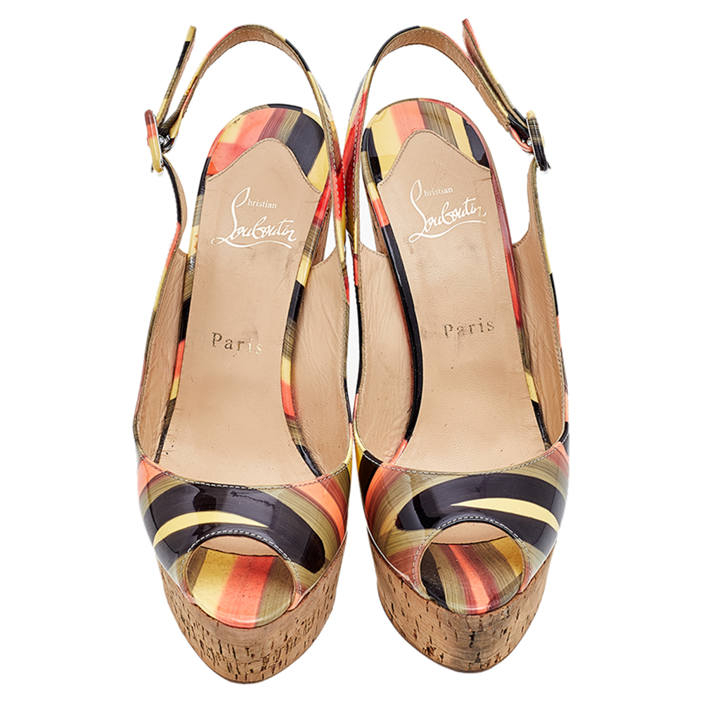 Christian Louboutin Multicolor Patent Leather Une Plume Cork Wedge Slingback Sandals Size 38