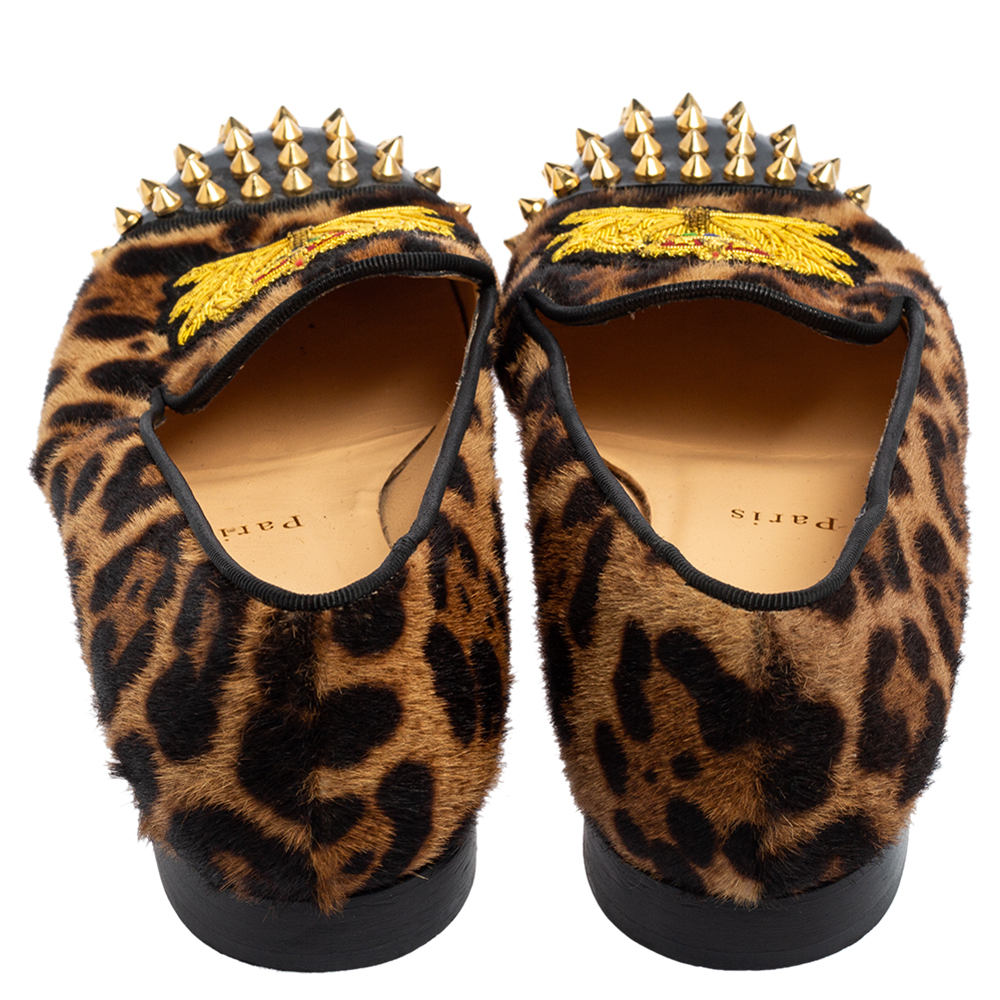 Christian Louboutin Brown Leopard Print Calf Hair And Black Patent Leather Harvanana Spike Loafers Size 37