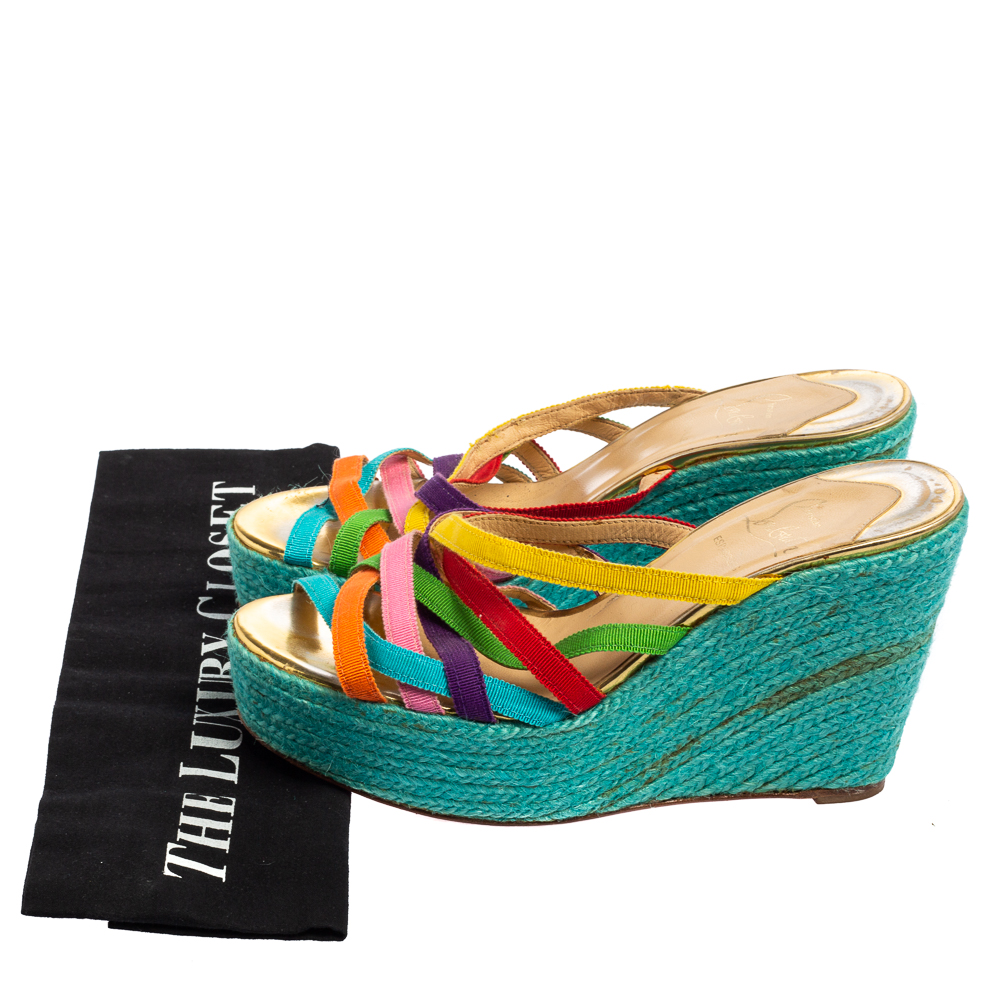 Christian Louboutin Multicolor Fabric Crepon Espadrille Wedge Sandals Size 37
