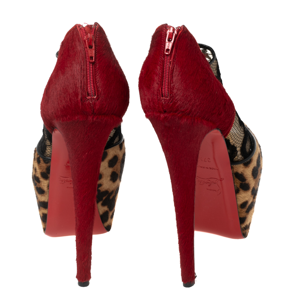 Christian Louboutin Leopard Print/Red Pony Hair And Black Lace Aeronotoc Booties Size 37.5