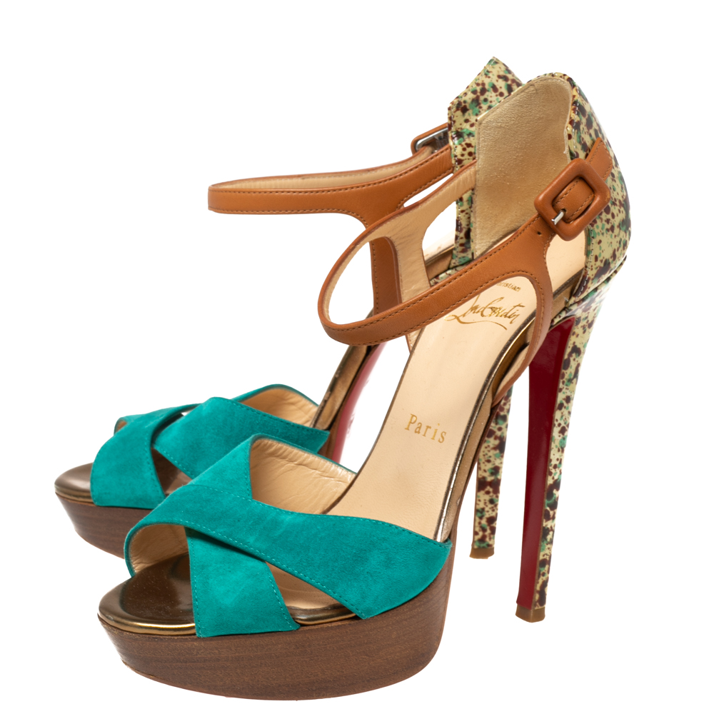 Christian Louboutin Multicolor Suede And Leather Ankle Strap Platform Sandals Size 37