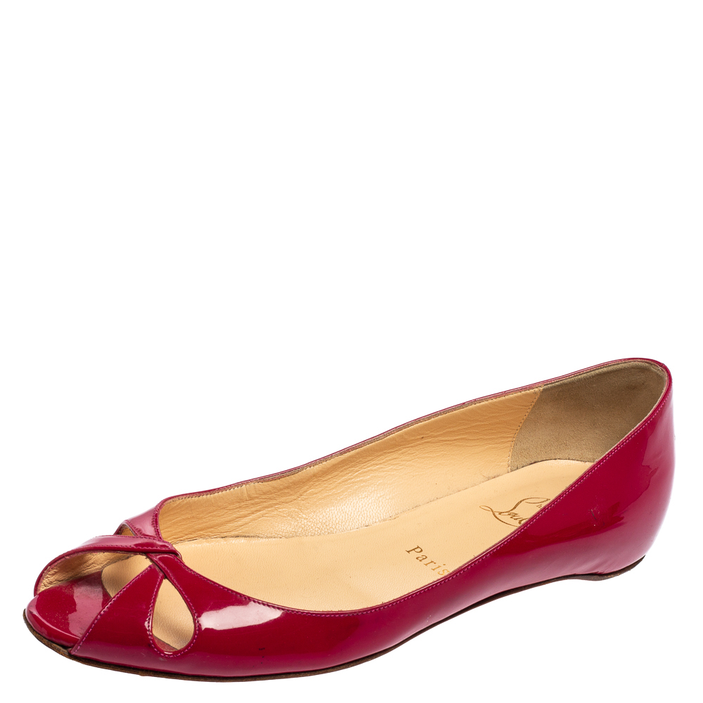 Christian louboutin pink patent leather flat peep-toe ballet flats size 37.5