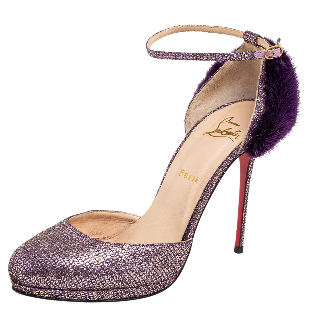 Christian louboutin purple glitter fabric/mink crazy fur d'orsay pump size 39.5