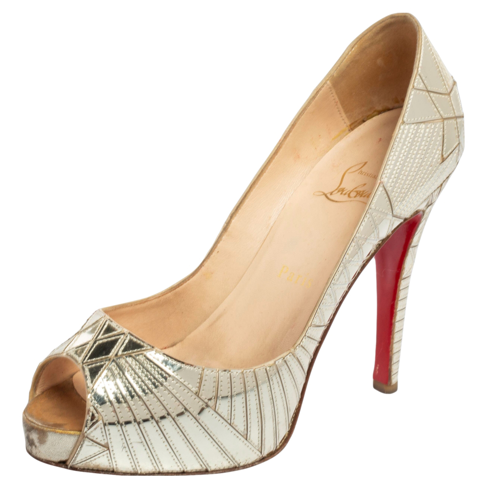 Christian Louboutin Dull Gold Mirror Leather Very Galaxy Art Deco Peep-Toe Pumps Size 37