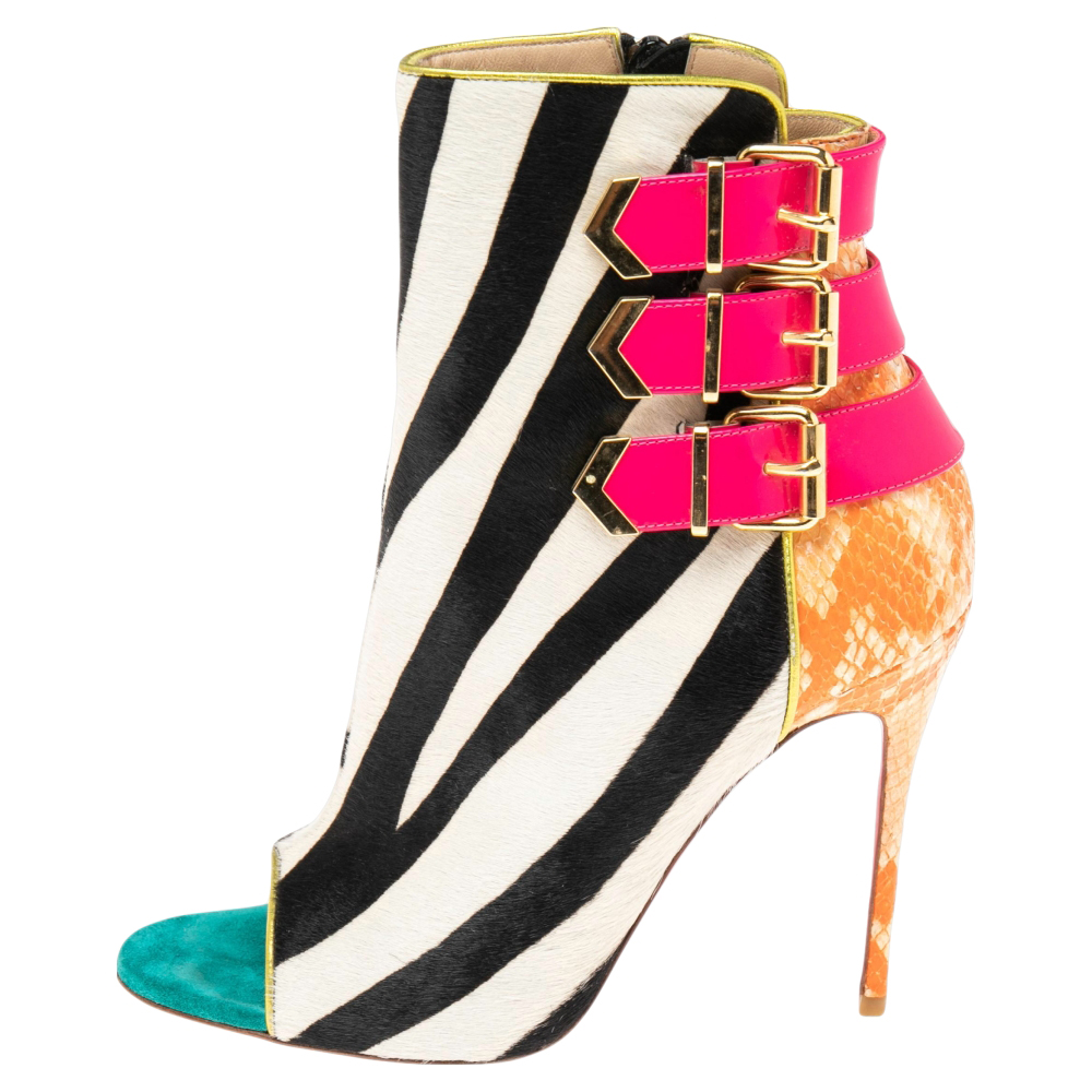 Christian Louboutin Multicolor Patent And Python Leather, Zebra Print Calf Hair Triboclou Ankle Boots Size 37