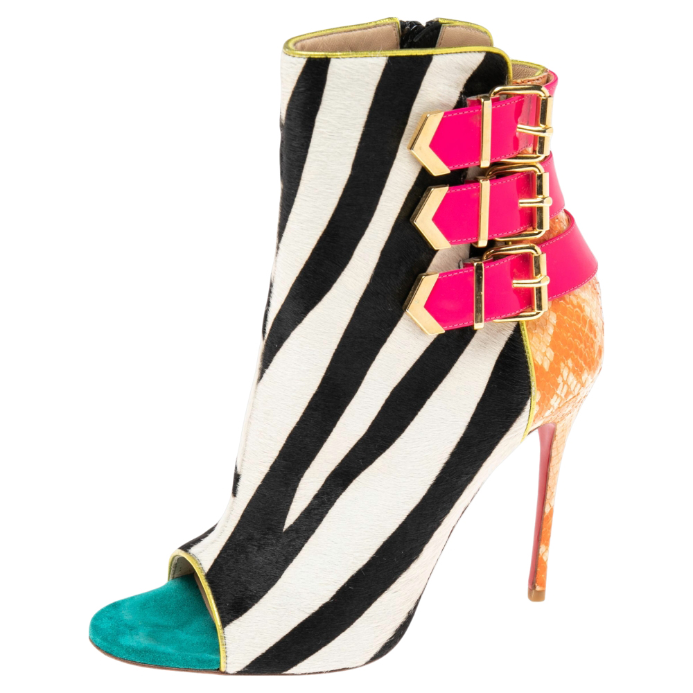 Christian Louboutin Multicolor Patent And Python Leather, Zebra Print Calf Hair Triboclou Ankle Boots Size 37