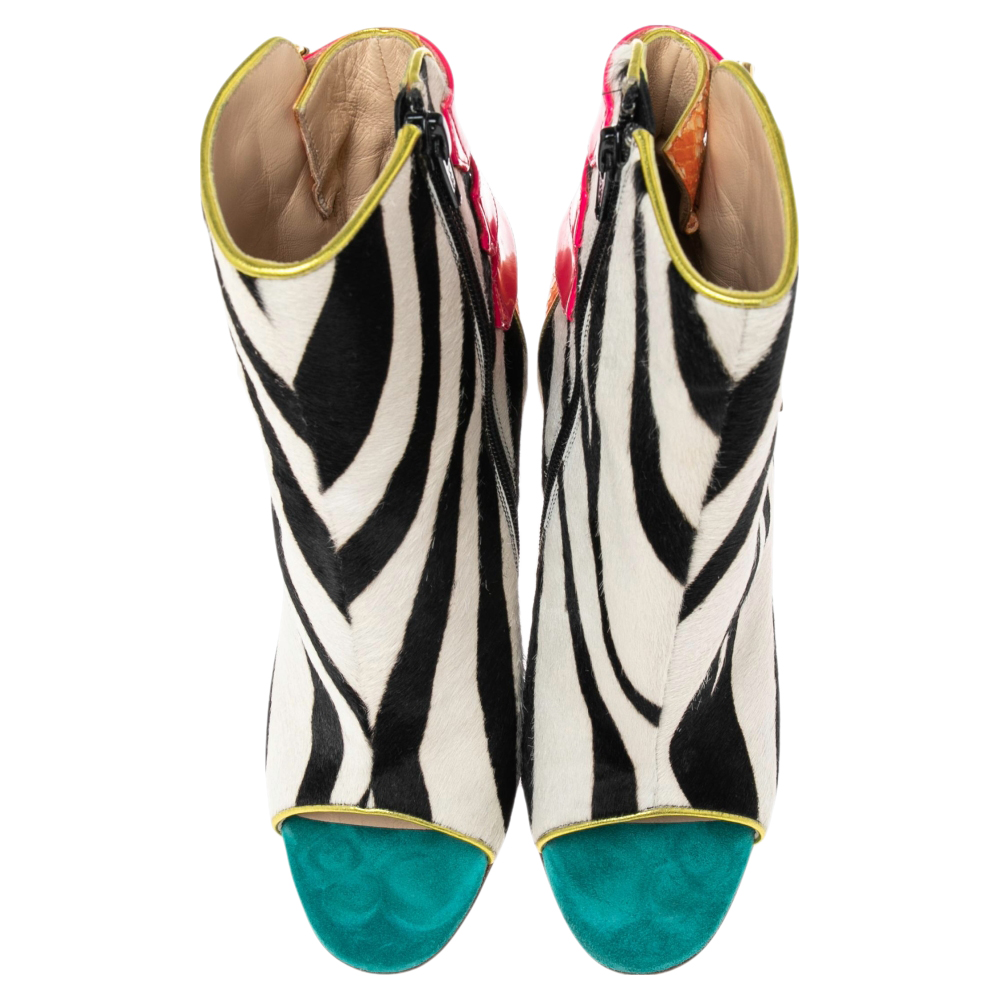 Christian Louboutin Multicolor Patent And Python Leather, Zebra Print Calf Hair Triboclou Ankle Boots Size 37