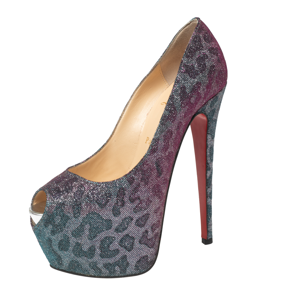 Christian Louboutin Two-Tone Leopard Print Lamé Fabric Highness Pumps Size 37.5