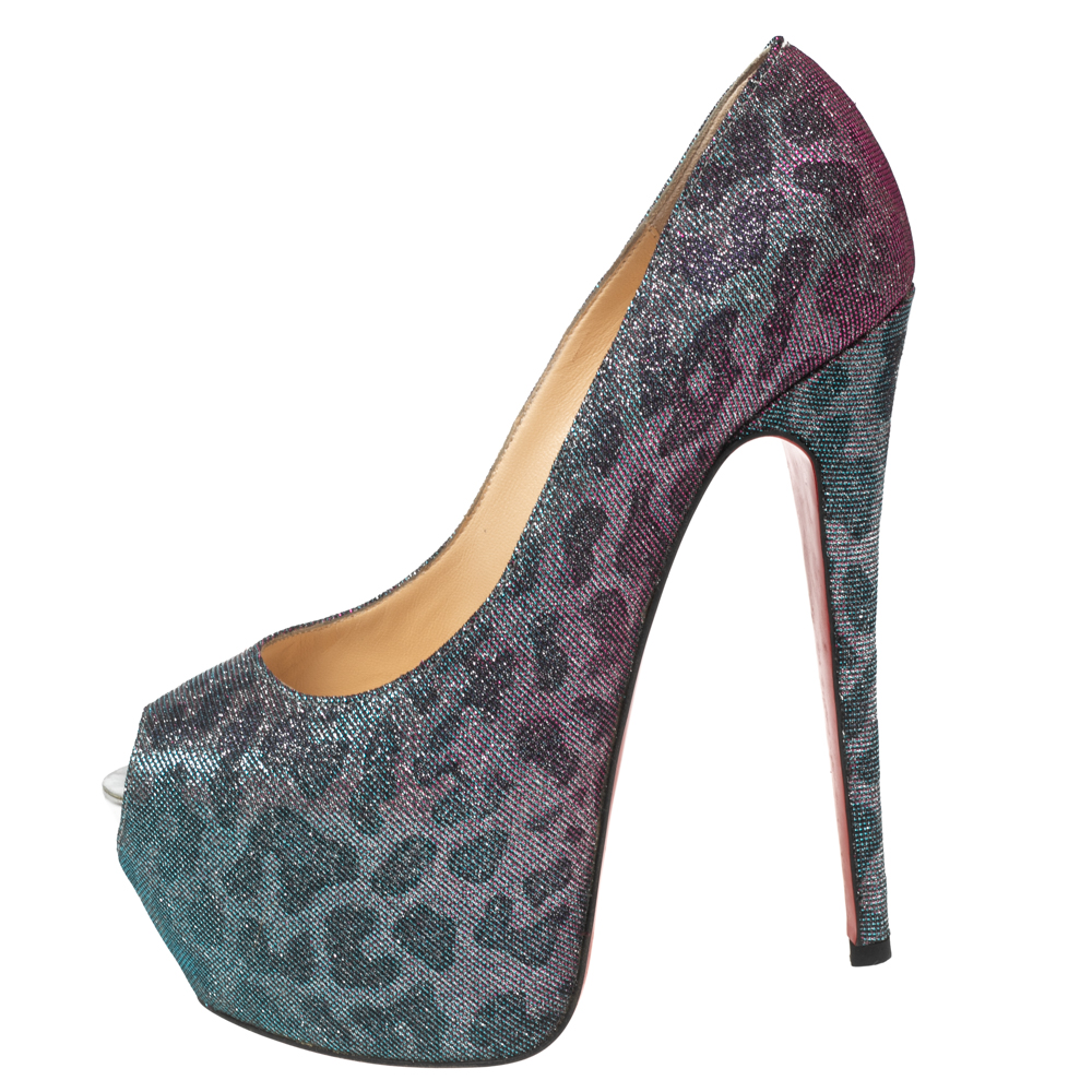 Christian Louboutin Two-Tone Leopard Print Lamé Fabric Highness Pumps Size 37.5