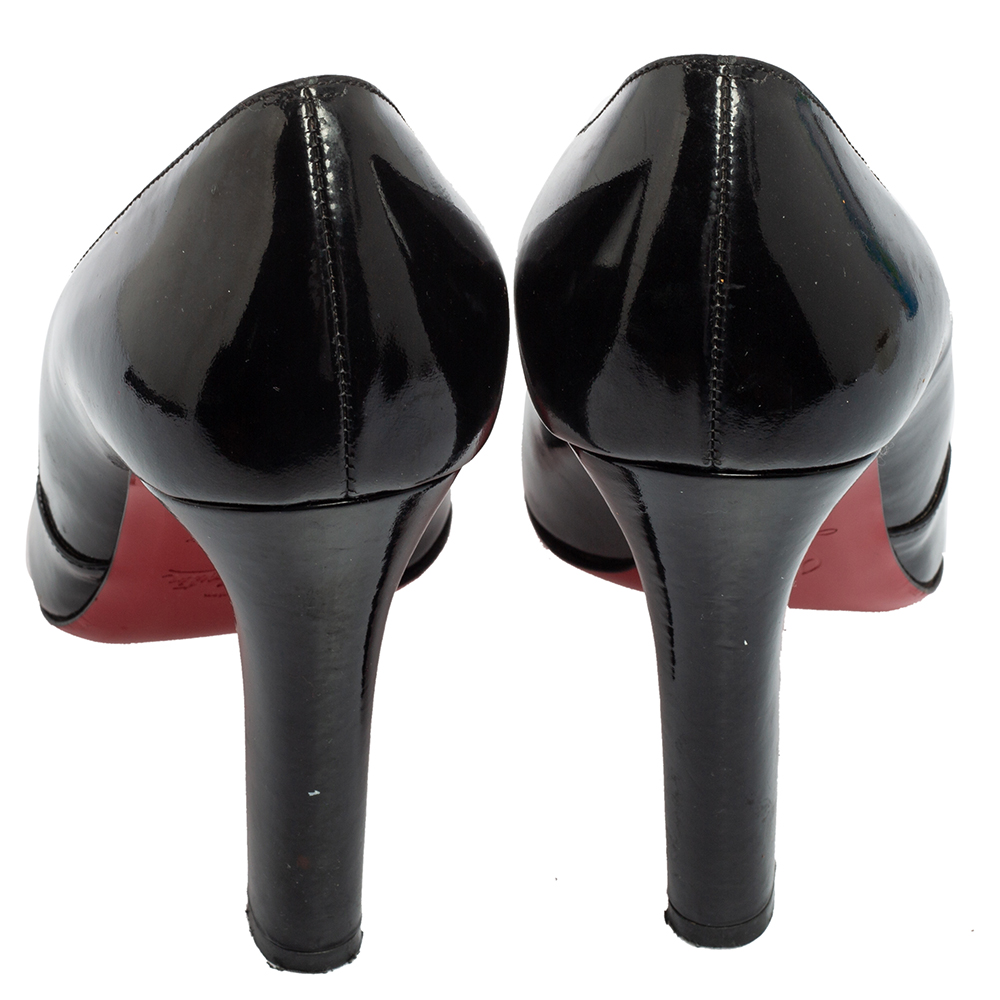 Christian Louboutin Black Patent Leather Buckle Detail Peep-Toe Pumps Size 41