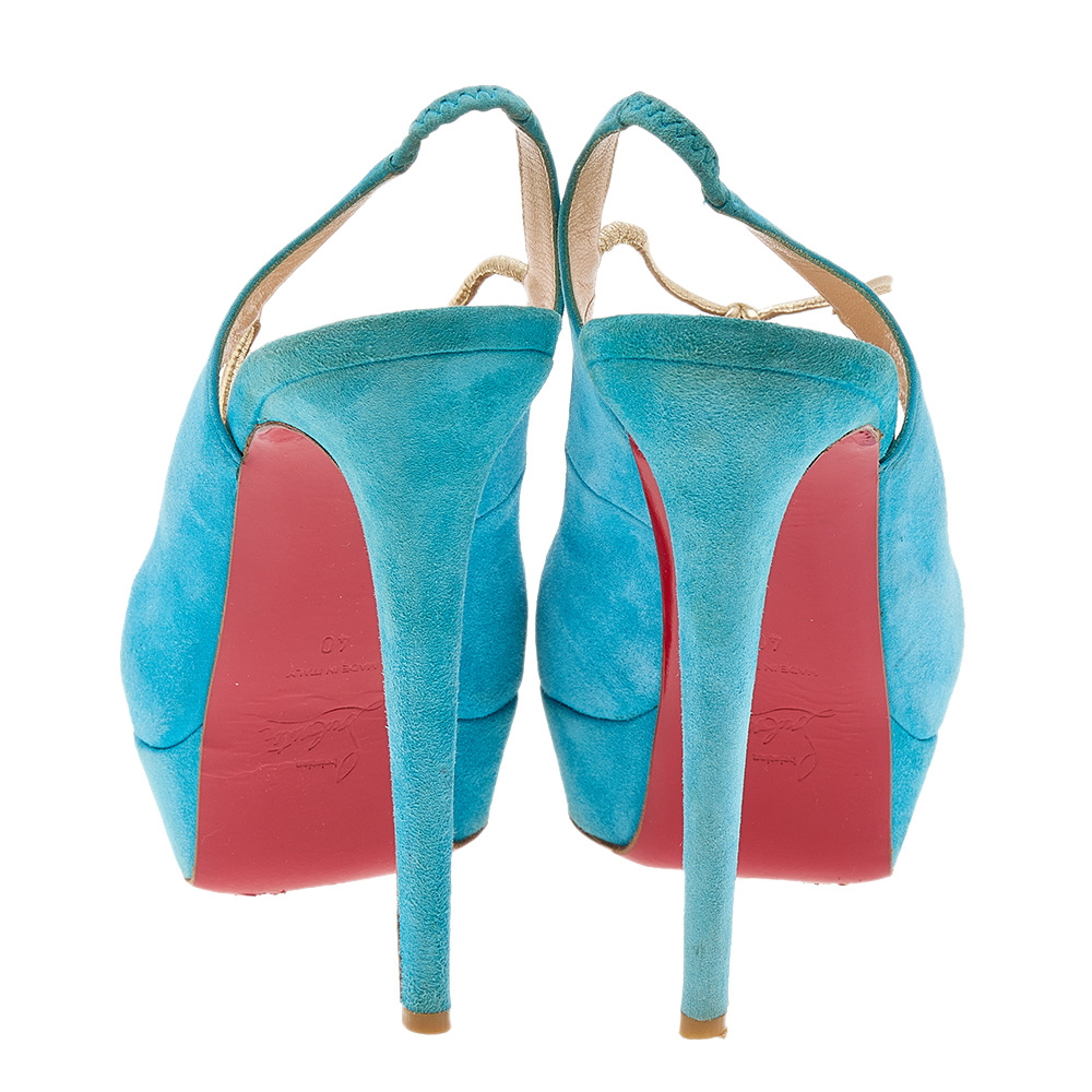 Christian Louboutin Blue Suede Alta Spritney Platform Slingback Sandals Size 40