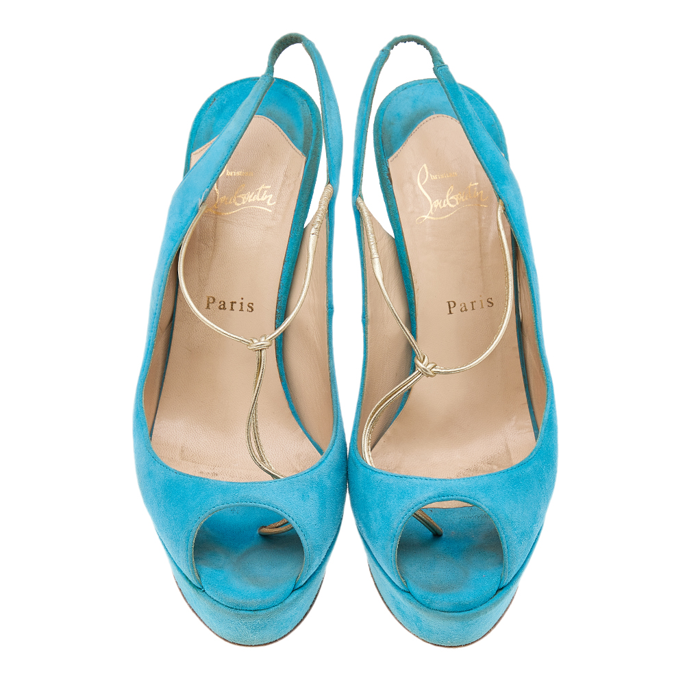 Christian Louboutin Blue Suede Alta Spritney Platform Slingback Sandals Size 40