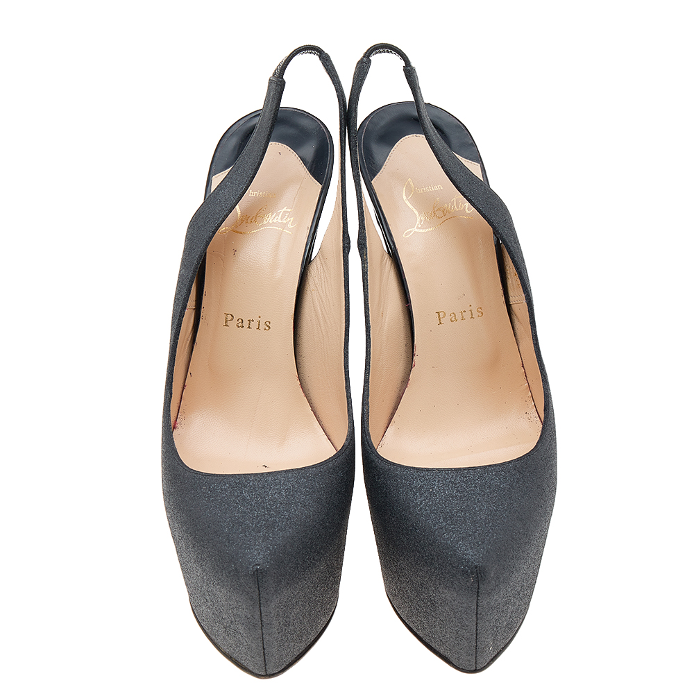 Christian Louboutin Dark Grey Glitter Slingback Platform Sandals Size 39