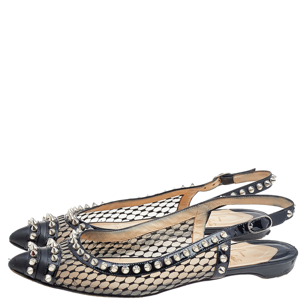 Christian Louboutin Black Leather And Mesh Spiked Flat Sandals Size 37
