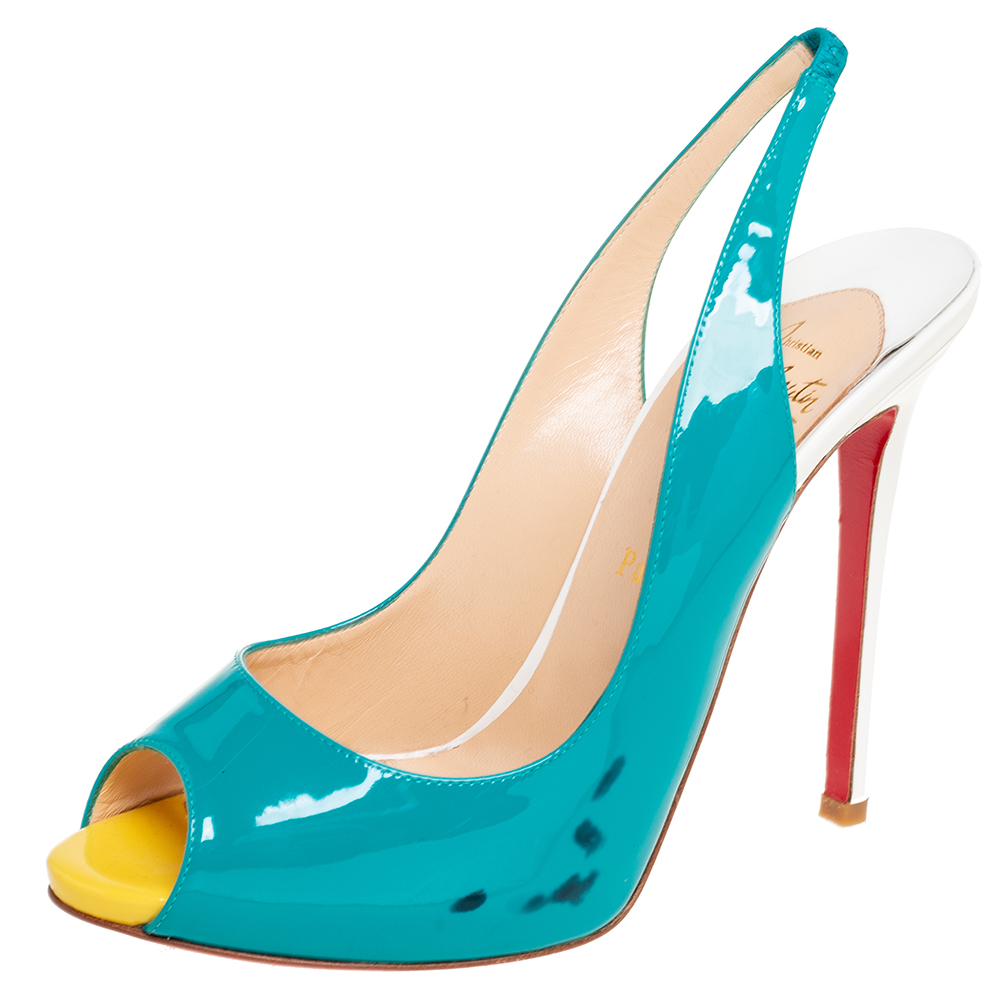 Christian louboutin tri-color patent leather peep-toe slingback pumps size 39