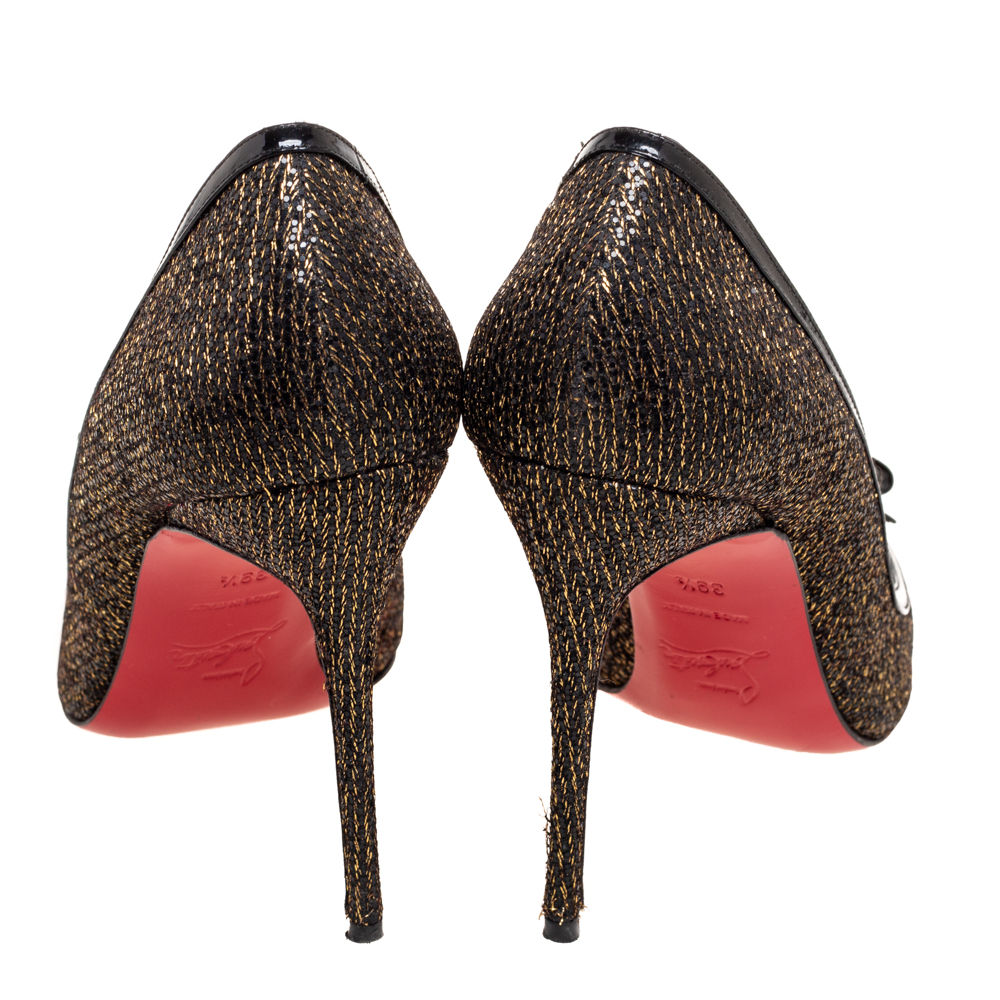 Christian Louboutin Black/Gold Glitter And Patent Leather Milady Bow Peep-Toe Pumps Size 39.5