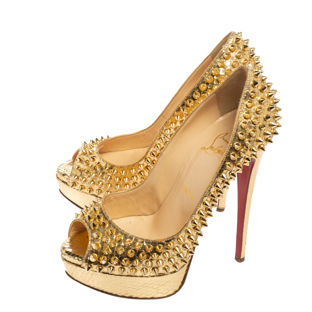 Christian Louboutin Metallic Gold Python Embossed Leather Lady Peep Toe Pumps Size 37